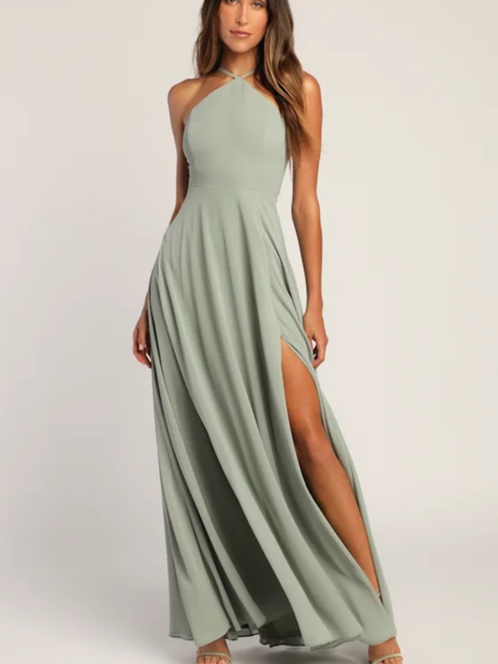 Lulu's Sage Brush Halter Absolutely Breathtaking Maxi Dress with High Slit